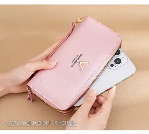 Detail view of the pink women long zipper wallet showcasing large capacity and phone storage.