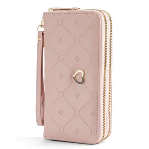 Women long double zipper wallet pink PU leather clutch handbag with wrist strap and heart decor