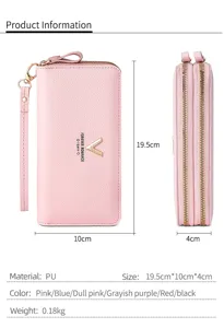 Stylish women's PU leather long double zipper wallet with wrist strap and card slots.