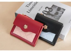 Portefeuille court femme en cuir PU avec fermoir fleur fentes cartes pochette monnaie chic