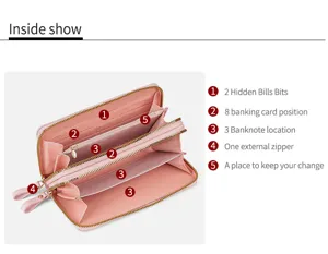 Women's long zipper wallet pink PU leather multi-card holder clutch purse daily use