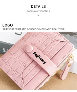 Pink crocodile pattern short wallet detail, multi card slots zipper coin pocket chic women