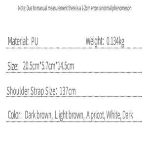 Detailed specifications showing PU material, dimensions 20.5x5.7x14.5cm, and shoulder strap.