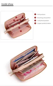 Dames lange dubbele rits portemonnee PU leer clutch kaarthouder tasje roze mooi.