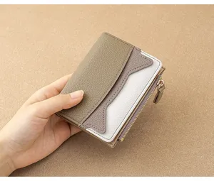 Women color-blocked mini wallet cute small card holder compact coin purse zip pocket
