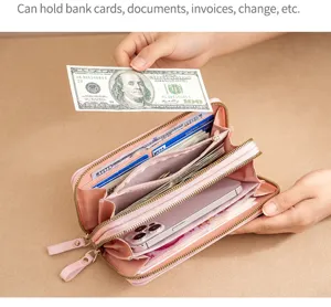 Womens long zip wallet multi-functional card holder clutch purse with phone pocket pink