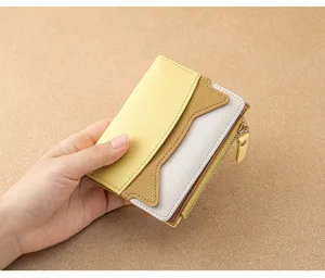 Compact color-block mini wallet for women, fashionable short card holder with coin zipper pocket.