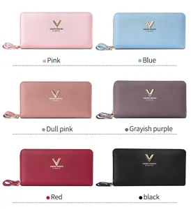 Women's long zipper wallet with wrist strap, PU leather multi-color purse and card holder.