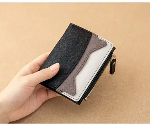Stylish women color block mini wallet compact card holder cute zipper mini purse.