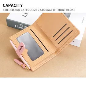 Women short bifold wallet with card slots, id window and zipper coin pocket pink brown