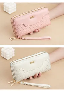 Vrouwen lange dubbele rits portemonnee clutch elegante PU lederen telefoon tas portemonnee
