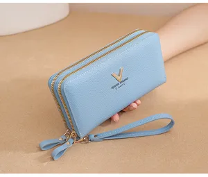 Women long double zipper wallet pu leather clutch bag with wrist strap and card slots blue