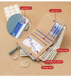 Multi-functional women folding wallet detail showing card slots, coin pocket and cash slots.