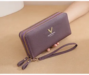 Elegant women long double zipper wallet with wrist strap and stylish metal V logo design.