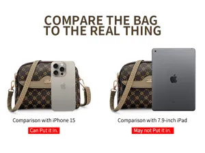 Women monogram crossbody bag capacity detail showing phone and tablet fit size clearly.