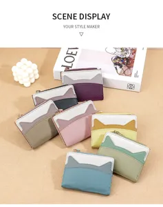 Cute cat ear color-block mini coin purse, compact PU leather card holder for daily use.