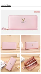 Pink long wallet for women with zipper closure, wrist strap, and multiple card slots detail.