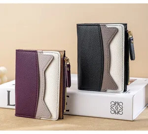 Fashion women short wallet multi-functional cute color block mini card holder coin purse.