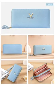 Blue long women wallet with zipper closure, wrist strap, and multi card slots practical design.
