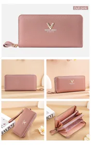 Women's long zipper wallet in dull pink PU leather, multi-card slots and clutch strap design.