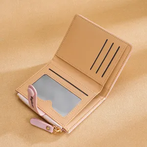 Women bifold short pu leather card slots coin purse pink compact wallet for daily use