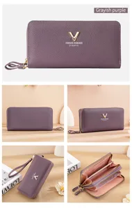 Grayish purple long zipper wallet for women, PU leather clutch purse with multiple card slots.