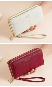 Portafoglio lungo da donna con doppia cerniera e cinturino da polso design elegante.