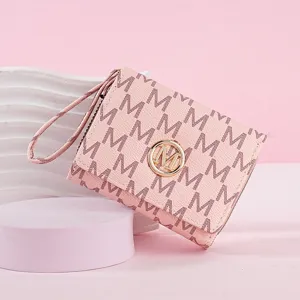 Portefeuille court rose pour femme, portefeuille monogrammé à trois volets et zip.