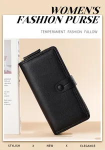 Damen Geldbörse lang schwarz PU Leder Reißverschluss Brieftasche elegantes Kartenetui neu