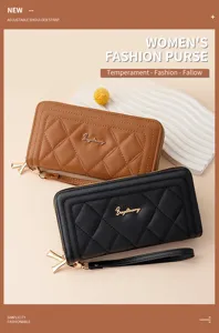 Women's fashion quilted long wallet with zipper and wrist strap, classic PU leather purse.