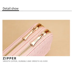 Roze lange damesportemonnee met dubbele ritssluiting, duurzaam metalen beslag, stijlvolle clutch.