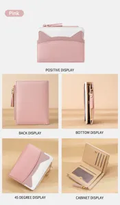 Cute pink cat ear short wallet for women, compact PU leather mini card holder coin purse.