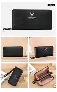 Women long black wallet double zipper PU leather card holder wristlet fashion purse