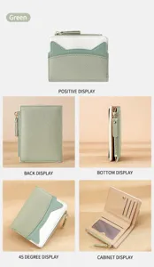 Detailed view of the women's green mini wallet showing card slots, zipper and cat-ear flap.