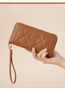Women quilted long wallet PU leather zip around clutch purse with wrist strap brown