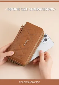 Brown quilted long wallet for women, multi-function clutch purse with phone slot.