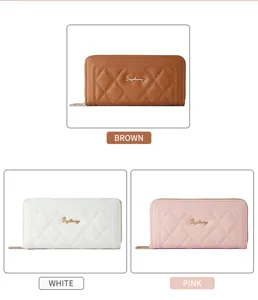 Women long quilted zipper wallet with multi card slots and elegant design in three colors.