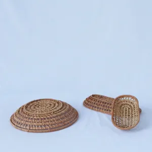 Handmade rattan woven hollow storage tray and basket set for living room tea room decor