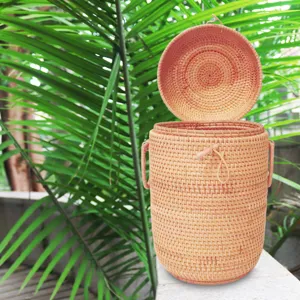 Vietnamese Handcrafted Rattan Woven Tea Canister Cylinder Storage Jar With Lid