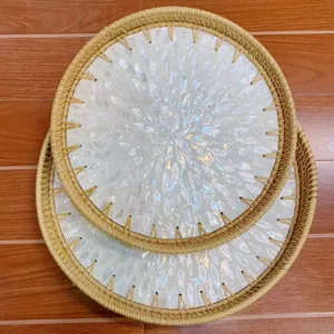 Rattan geweven moeder van parel mozaïek ronde fruit snack dienblad set 2stuks