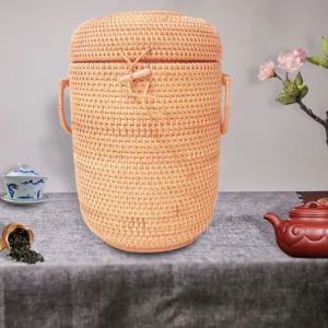 Vietnamese handmade rattan tea storage canister with lid, natural woven puerh tea box.