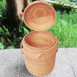 Handmade Vietnamese rattan tea storage caddy container with lid for Puerh tea display main