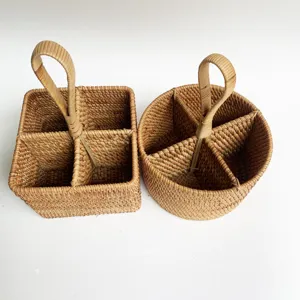 Handwoven Rattan Storage Basket Desktop Sundries Organizer Living Room Coffee Table Wicker Storage Box with Handle