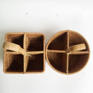 Handwoven rattan storage basket set, multi-compartment desktop organizer with handle.