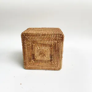 Handmade natural rattan storage box square woven desktop organizer for living room home decor