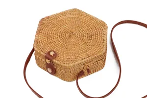 Hexagonal straw woven crossbody bag with brown leather strap for women summer beach travel