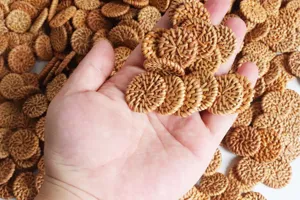 Handgemaakte ronde rotan geweven oorbellen details, natuurlijke stro sieraden accessoires.