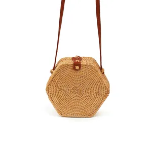 Hexagonal rattan straw crossbody bag, stylish woven shoulder bag with leather strap for women