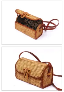 Geweven rattan crossbody tas voor dames, vintage stro schoudertas met stijlvolle lederen riem.