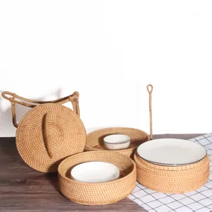 Vietnamese Rattan Multi-Layer Storage Lunch Box Portable 3-Layer Tiffin Picnic Basket